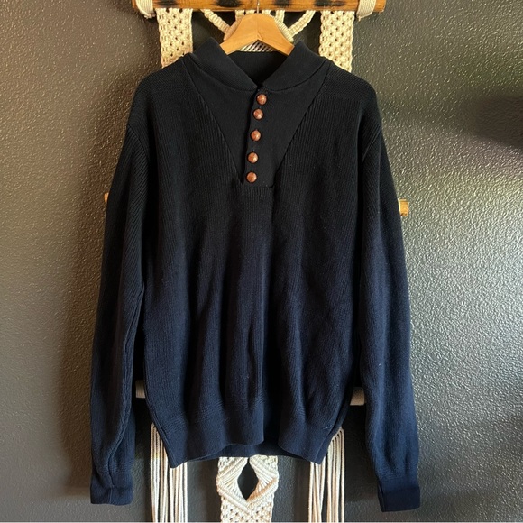 Lands End Knit Sweater Men’s M Navy Blue With Brown Buttons Vintage - Picture 1 of 5